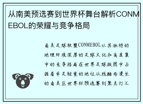 从南美预选赛到世界杯舞台解析CONMEBOL的荣耀与竞争格局